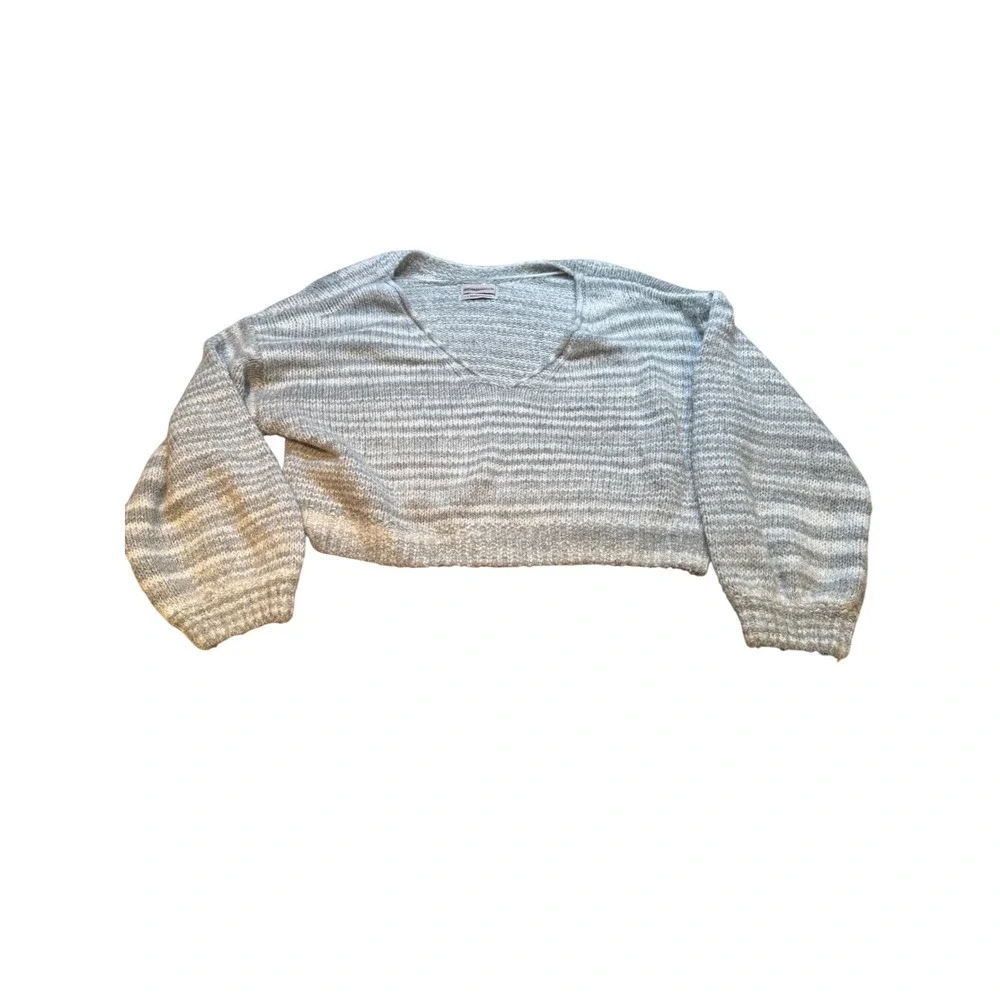 URBAN OUTFITTERS Striped Cropped V Neck Sweater Womens L‎ Long Sleeve Cozy Knit